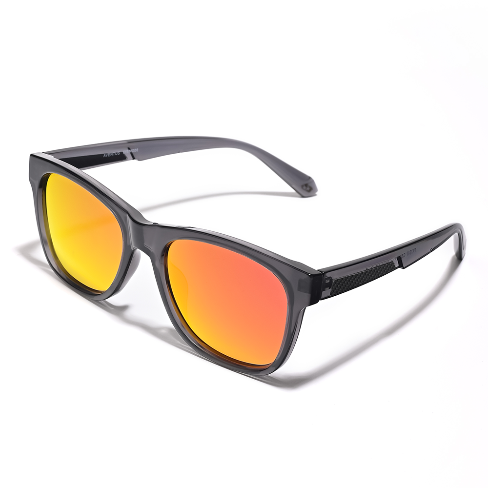 Aventus - Carbon Ice sunglasses with sleek black frames and vibrant orange mirrored lenses, designed for stylish UV protection and premium eye comfort.