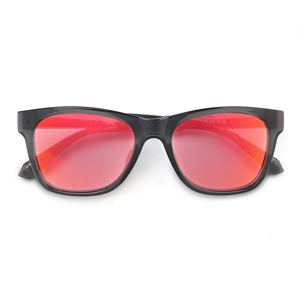 Aventus - Carbon Ice sunglasses featuring a sleek black frame with vibrant red lenses, designed for stylish UV protection and a modern look.