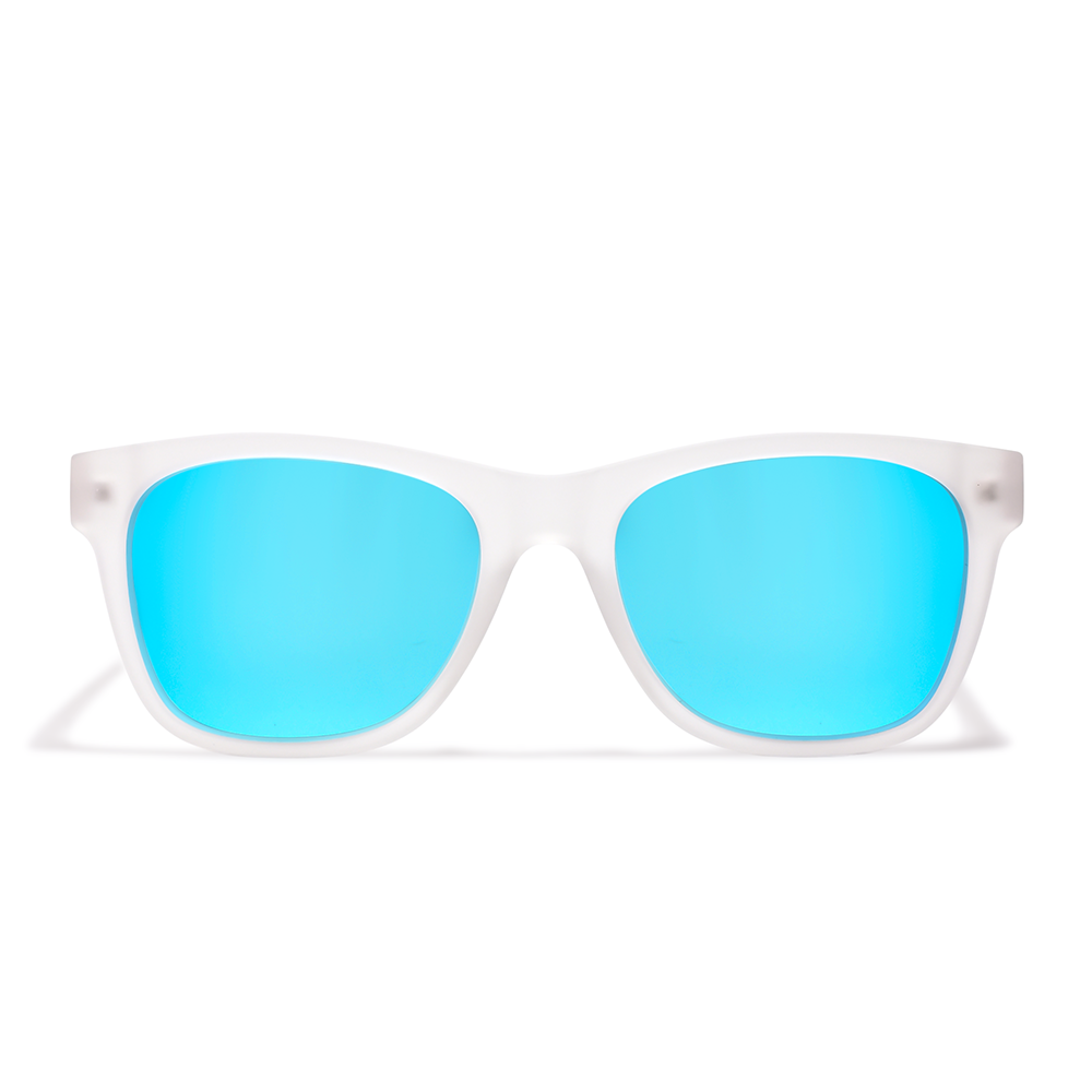 Aventus - Matte Ivory sunglasses featuring a matte ivory frame with bright blue reflective lenses, offering stylish UV protection eyewear for men and women.