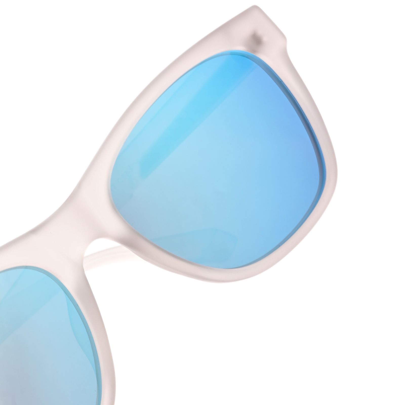 Close-up of Aventus - Matte Ivory sunglasses featuring a matte ivory frame and reflective blue lenses, offering stylish UV protection and a modern look for men and women.