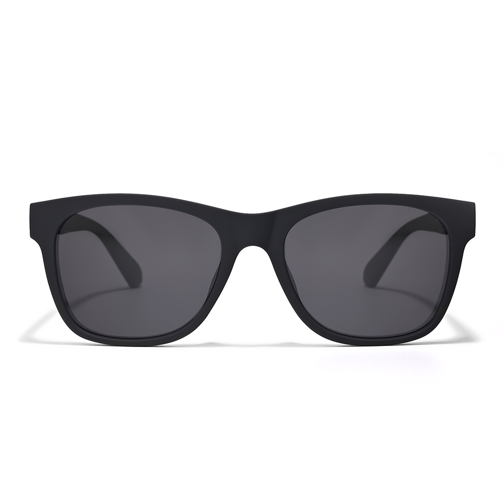 Black square frame sunglasses with dark lenses designed for men and women offering stylish sun protection, labeled Aventus - Obsidian.