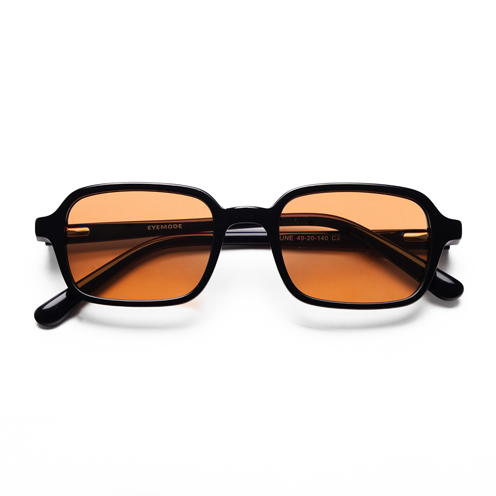 Rectangular brown tinted sunglasses with thick black frame (Vaune SonisFlare1)