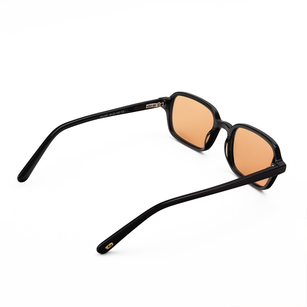 Slim black frame sunglasses with orange gradient lenses (Vaune SonisFlare5)